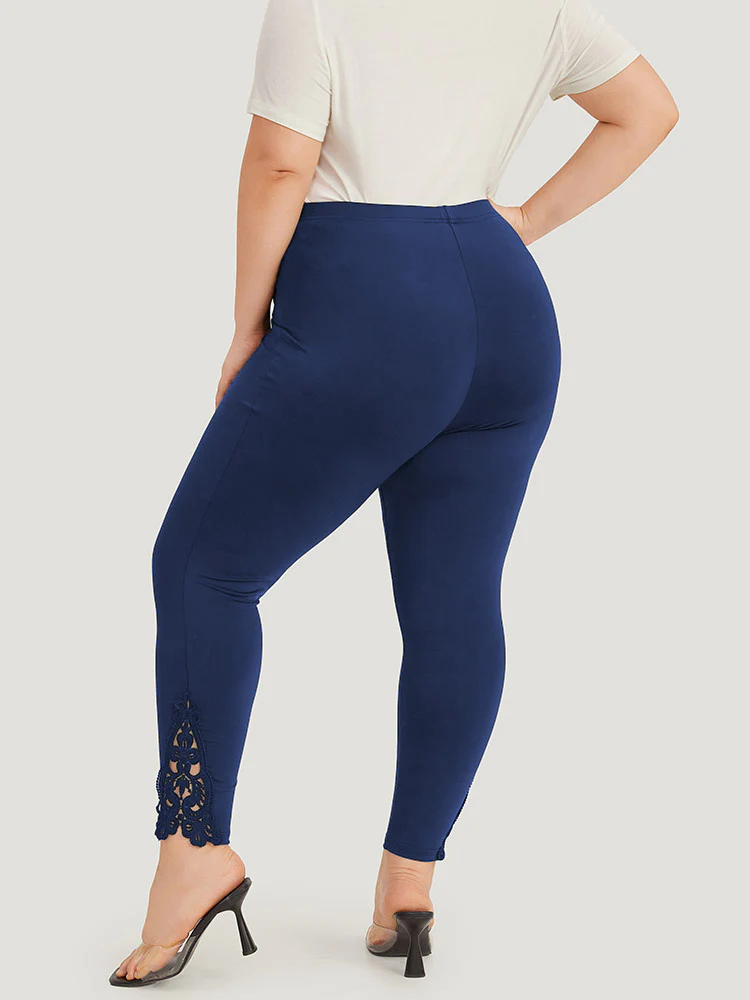 Plain Lace Panel Skinny Elastic Waist Leggings - Image 4