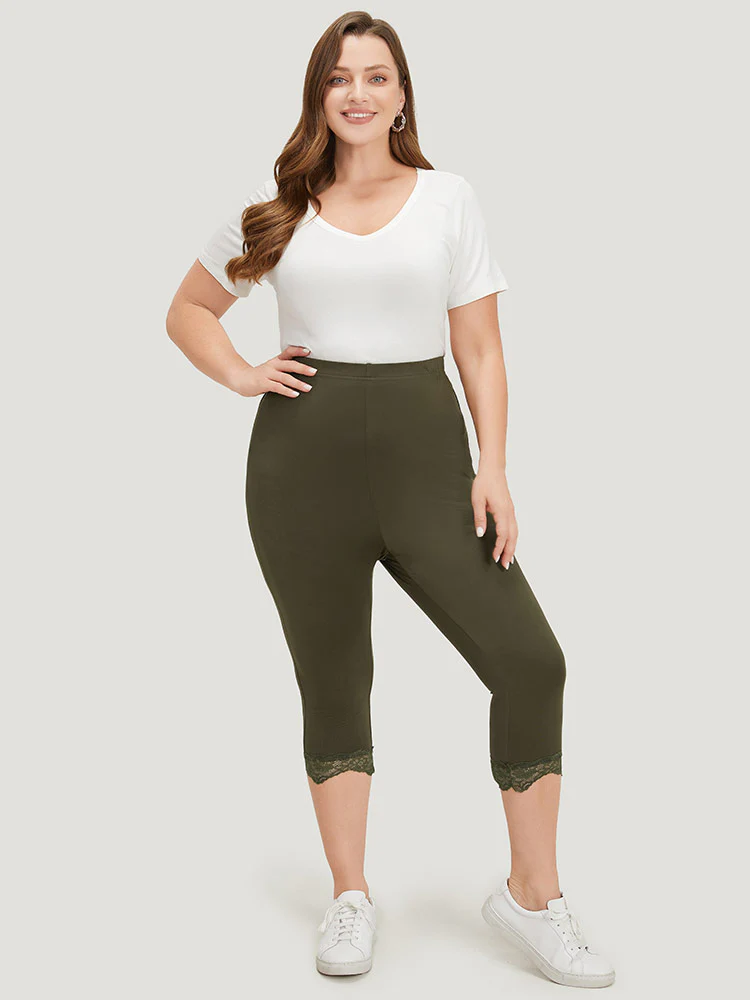 Plain Lace Patchwork High Rise Leggings - Image 4