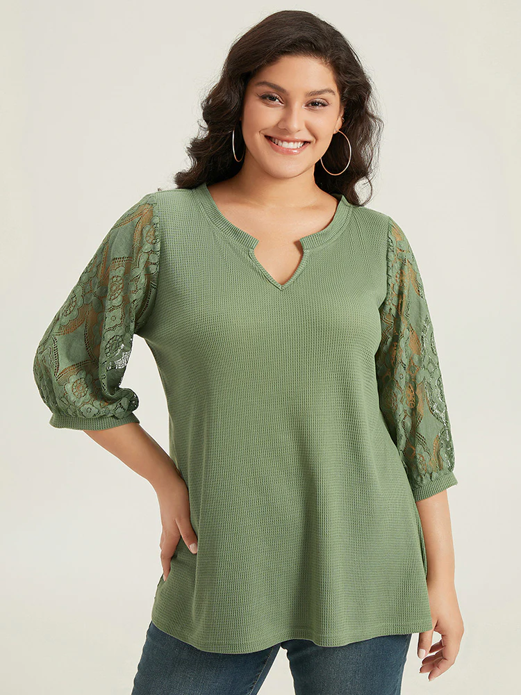 Plain Lace Patchwork Notched T-shirt - Image 2