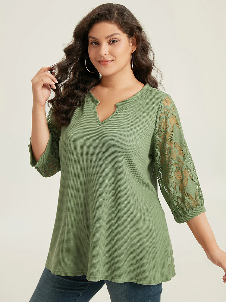 Plain Lace Patchwork Notched T-shirt - Image 3