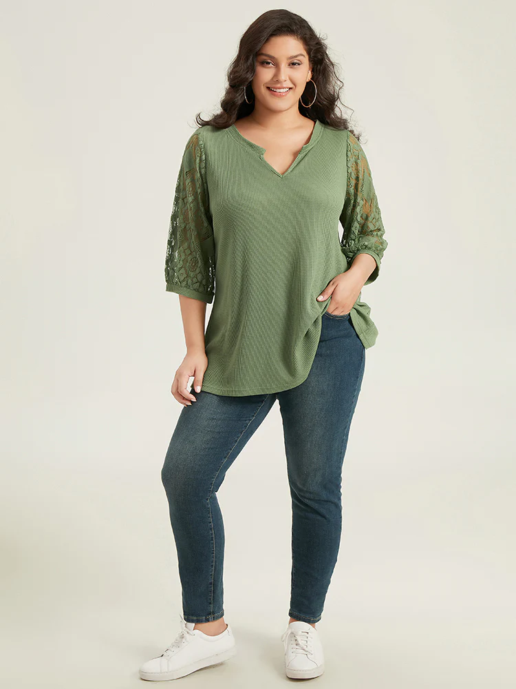 Plain Lace Patchwork Notched T-shirt - Image 5