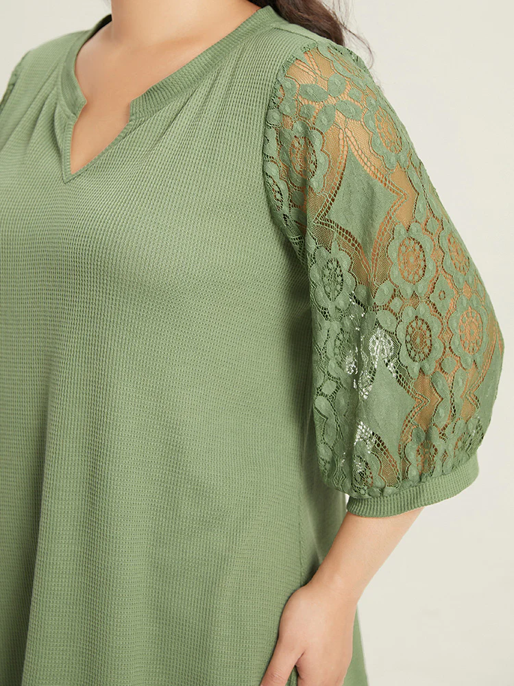 Plain Lace Patchwork Notched T-shirt - Image 6