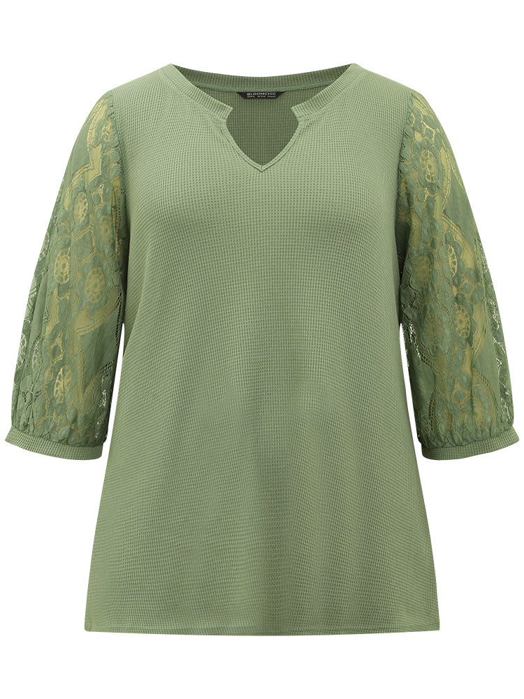 Plain Lace Patchwork Notched T-shirt - Image 8