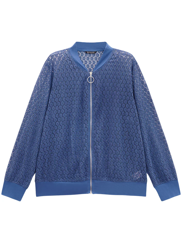 Plain Lace Patchwork Zipper Cut Out Jacket - Image 10