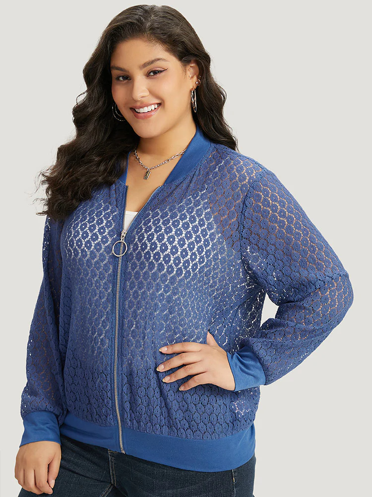 Plain Lace Patchwork Zipper Cut Out Jacket - Image 2