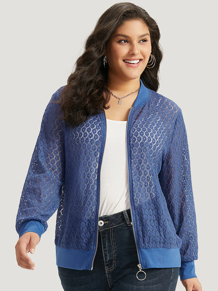 Plain Lace Patchwork Zipper Cut Out Jacket - Image 3