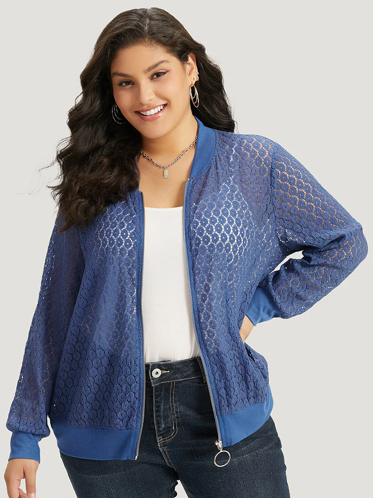 Plain Lace Patchwork Zipper Cut Out Jacket - Image 4