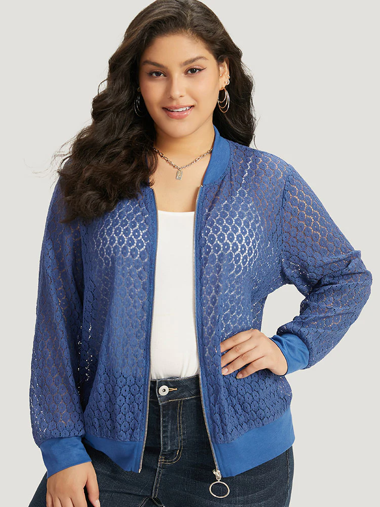 Plain Lace Patchwork Zipper Cut Out Jacket - Image 5