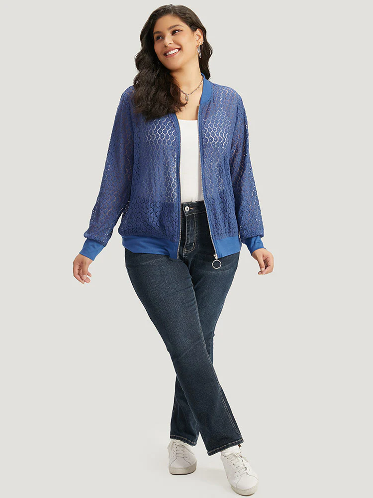 Plain Lace Patchwork Zipper Cut Out Jacket - Image 6