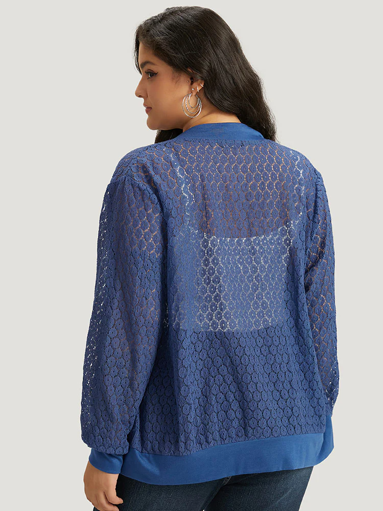 Plain Lace Patchwork Zipper Cut Out Jacket - Image 7