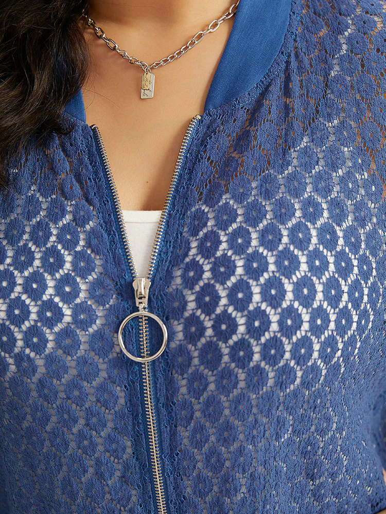 Plain Lace Patchwork Zipper Cut Out Jacket - Image 8