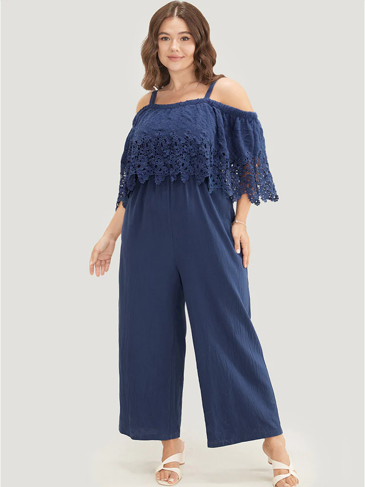 Plain Lace Trim Pocket Cold Shoulder Jumpsuit - Image 2
