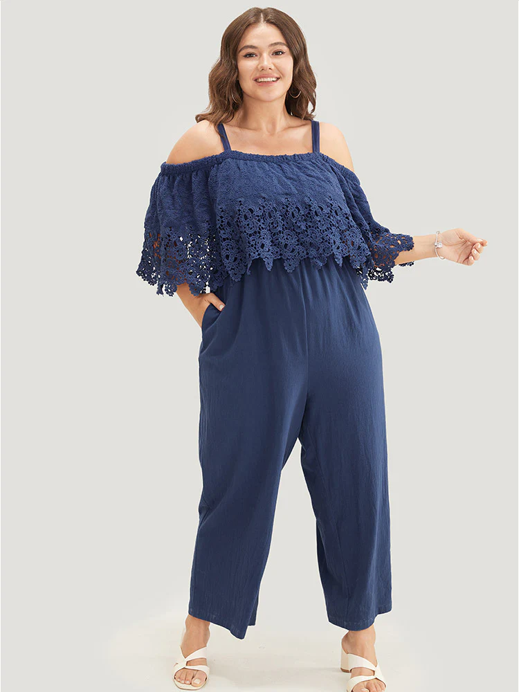 Plain Lace Trim Pocket Cold Shoulder Jumpsuit - Image 3