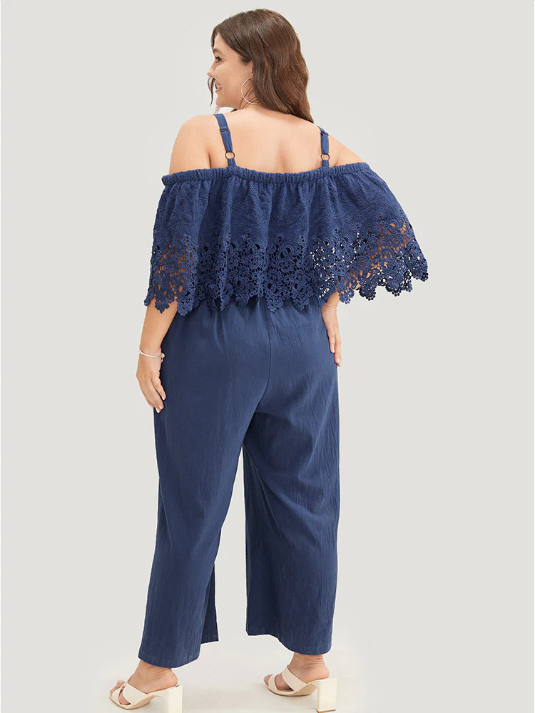 Plain Lace Trim Pocket Cold Shoulder Jumpsuit - Image 4