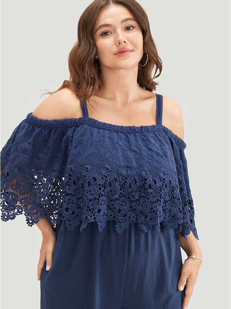 Plain Lace Trim Pocket Cold Shoulder Jumpsuit - Image 5