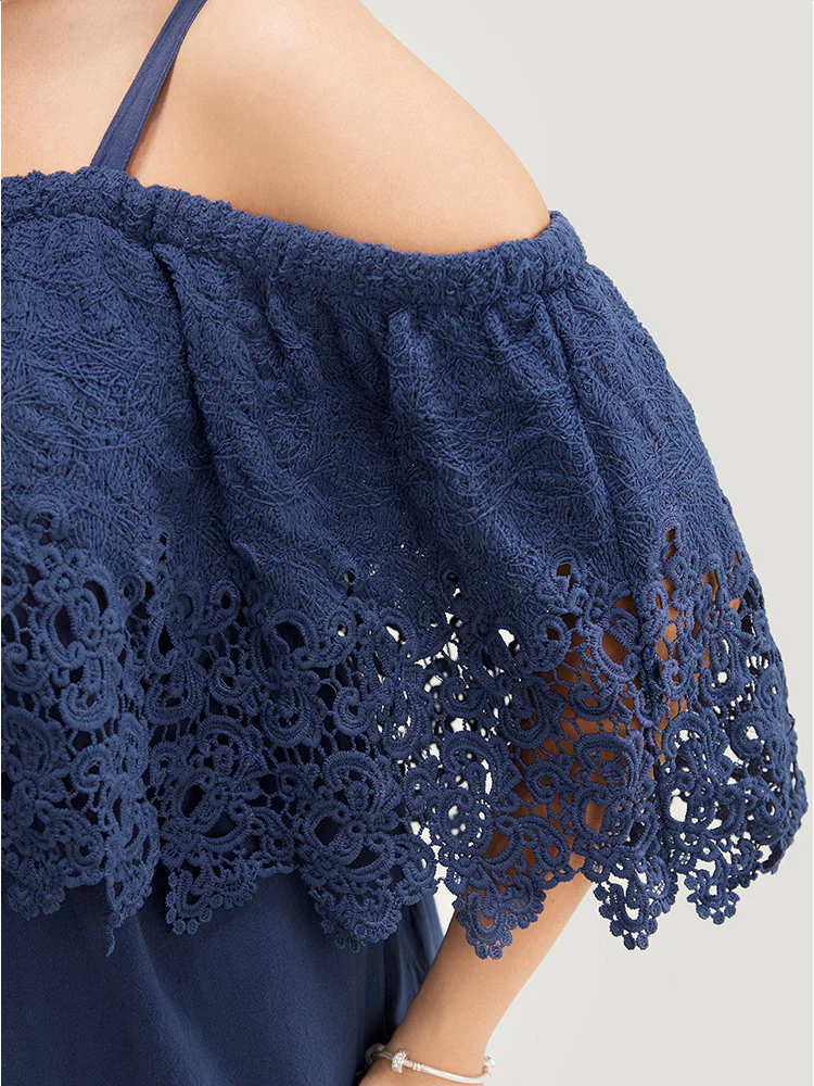 Plain Lace Trim Pocket Cold Shoulder Jumpsuit - Image 6