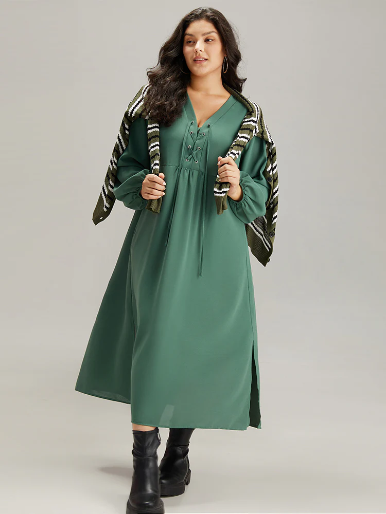 Plain Lace Up Split Hem Lantern Sleeve Dress - Image 2