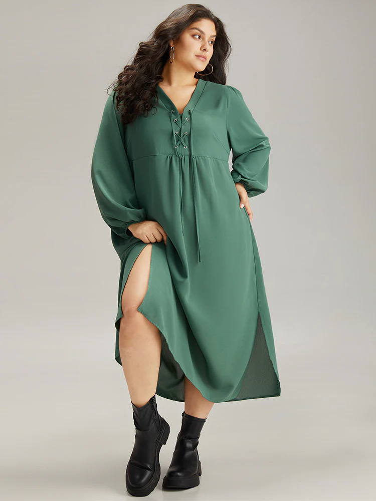 Plain Lace Up Split Hem Lantern Sleeve Dress - Image 3