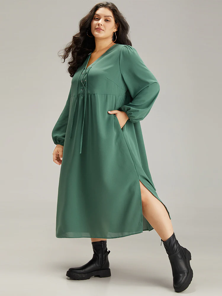 Plain Lace Up Split Hem Lantern Sleeve Dress - Image 4