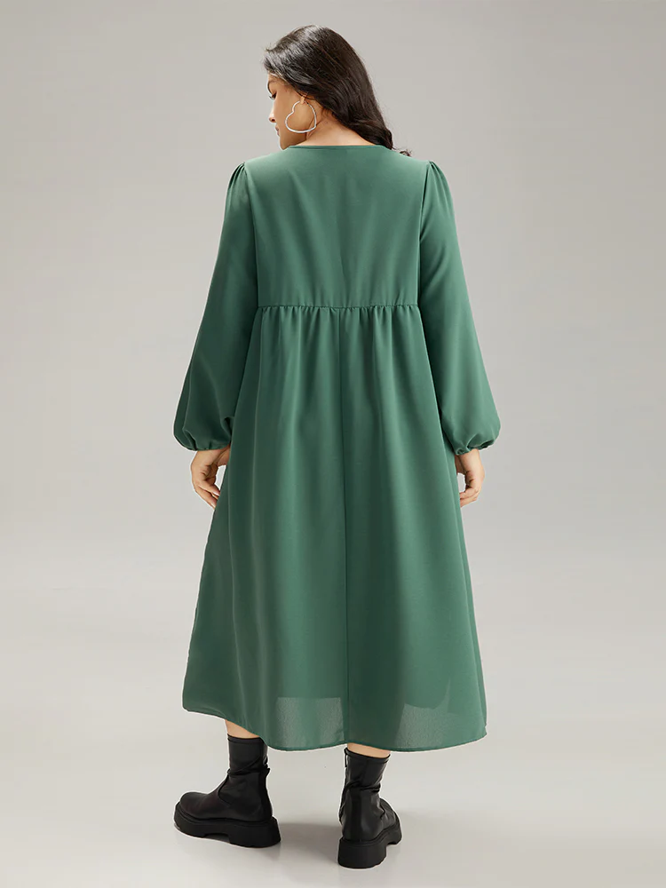 Plain Lace Up Split Hem Lantern Sleeve Dress - Image 5
