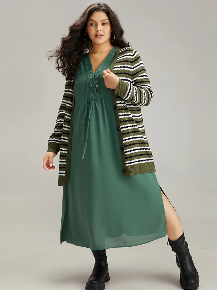 Plain Lace Up Split Hem Lantern Sleeve Dress - Image 6