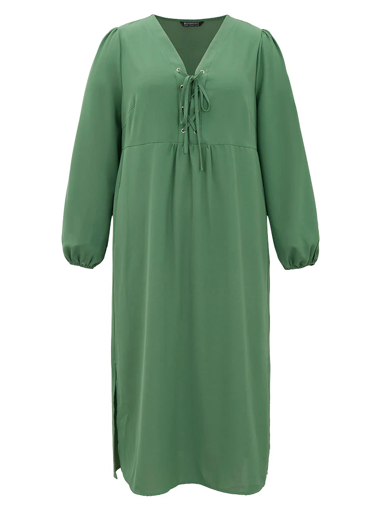 Plain Lace Up Split Hem Lantern Sleeve Dress - Image 8