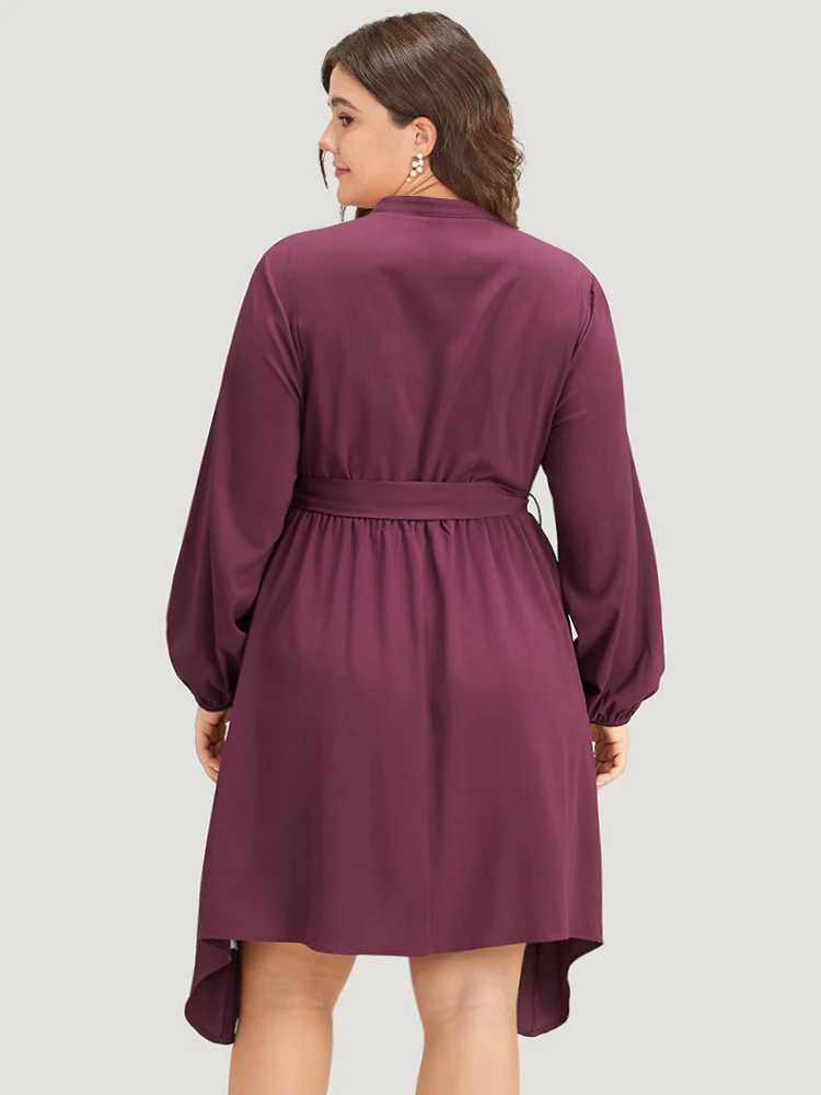 Halloween Plain Lantern Sleeve Belted Lace Up Asymmetrical Hem Dress - Image 3