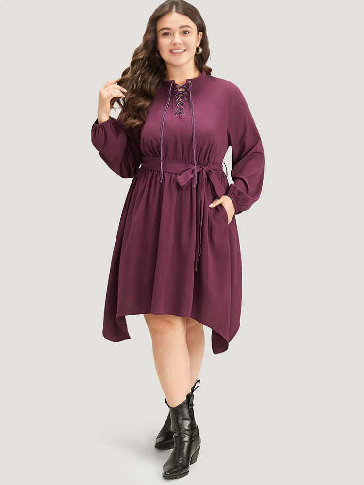 Halloween Plain Lantern Sleeve Belted Lace Up Asymmetrical Hem Dress - Image 4
