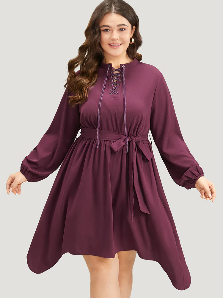 Halloween Plain Lantern Sleeve Belted Lace Up Asymmetrical Hem Dress - Image 5