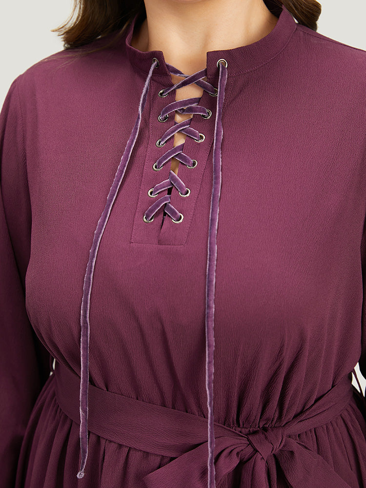 Halloween Plain Lantern Sleeve Belted Lace Up Asymmetrical Hem Dress - Image 6