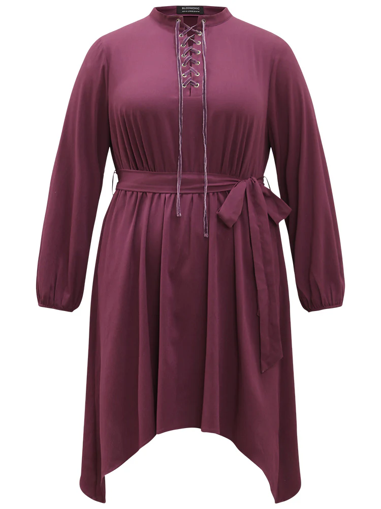 Halloween Plain Lantern Sleeve Belted Lace Up Asymmetrical Hem Dress - Image 9