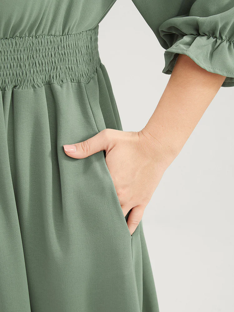 Plain Lantern Sleeve Button Detail Pocket Shirred Ruffle Hem Dress - Image 10