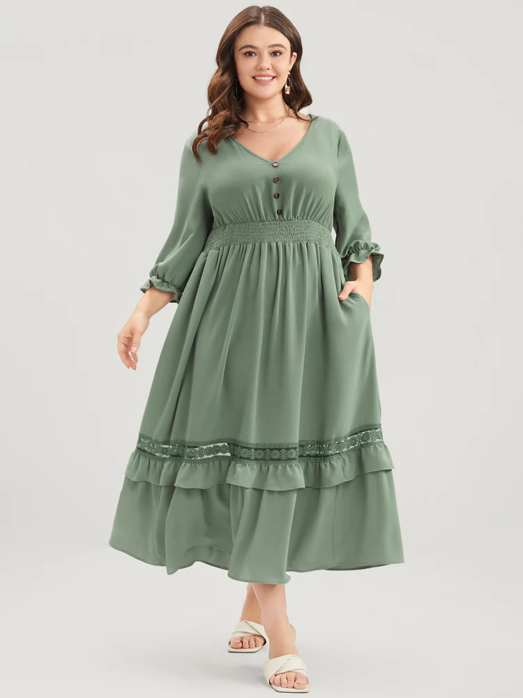 Plain Lantern Sleeve Button Detail Pocket Shirred Ruffle Hem Dress - Image 2