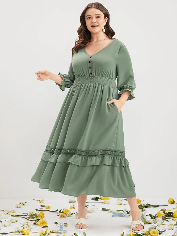 Plain Lantern Sleeve Button Detail Pocket Shirred Ruffle Hem Dress - Image 3