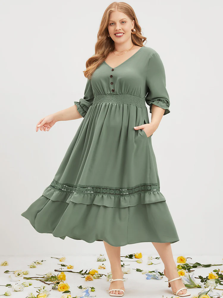 Plain Lantern Sleeve Button Detail Pocket Shirred Ruffle Hem Dress - Image 4