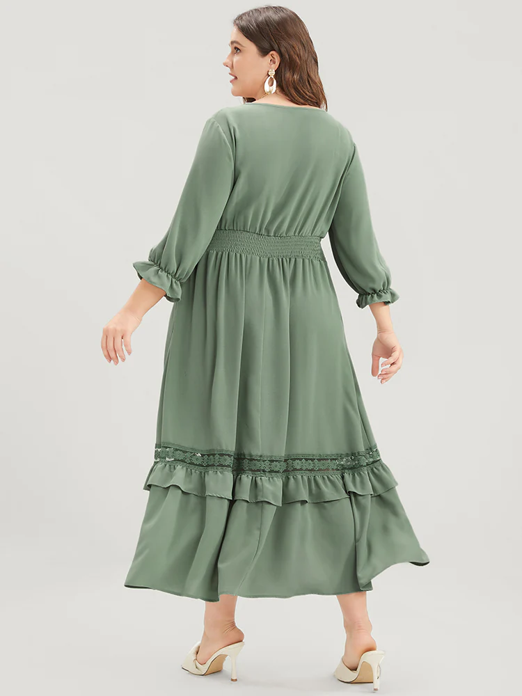 Plain Lantern Sleeve Button Detail Pocket Shirred Ruffle Hem Dress - Image 5