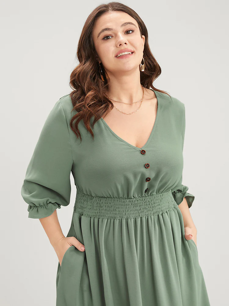 Plain Lantern Sleeve Button Detail Pocket Shirred Ruffle Hem Dress - Image 6