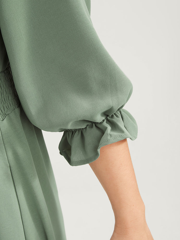Plain Lantern Sleeve Button Detail Pocket Shirred Ruffle Hem Dress - Image 7