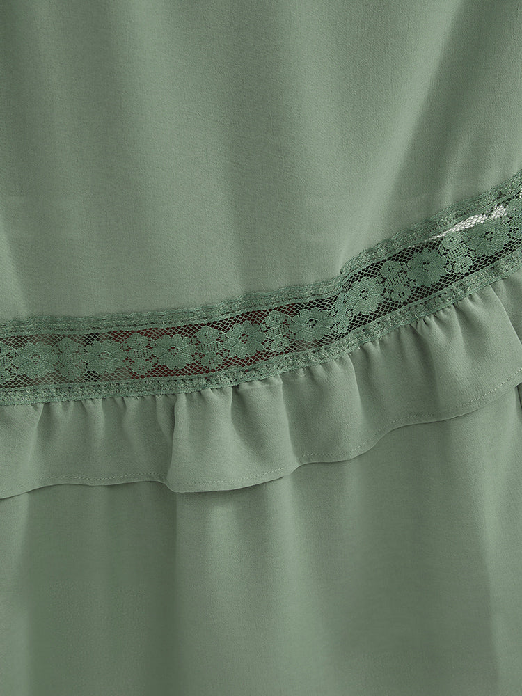 Plain Lantern Sleeve Button Detail Pocket Shirred Ruffle Hem Dress - Image 9