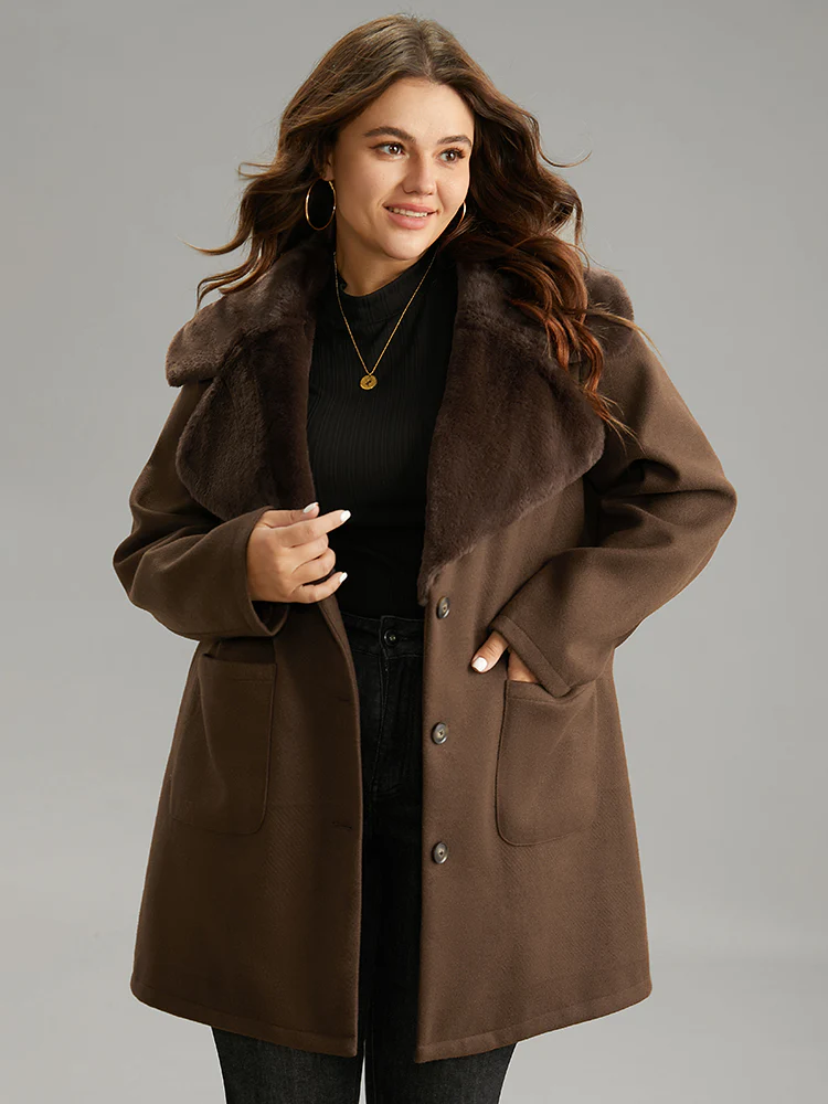 Plain Lapel Collar Fuzzy Trim Patchwork Button Up Coat