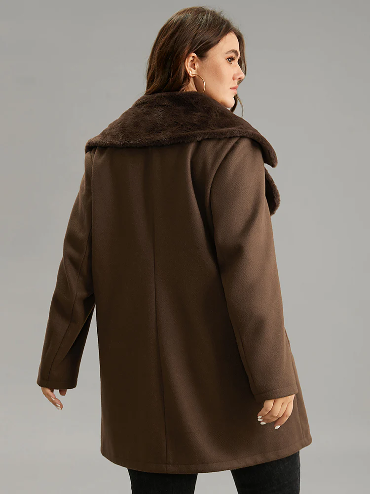 Plain Lapel Collar Fuzzy Trim Patchwork Button Up Coat - Image 2