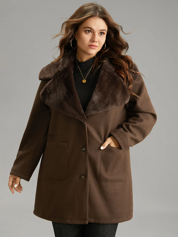 Plain Lapel Collar Fuzzy Trim Patchwork Button Up Coat - Image 3