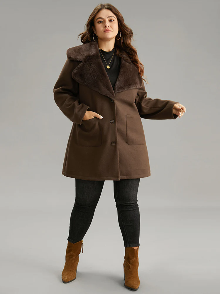Plain Lapel Collar Fuzzy Trim Patchwork Button Up Coat - Image 5