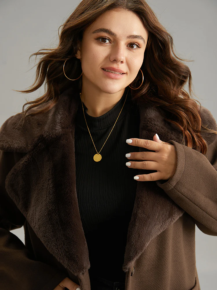 Plain Lapel Collar Fuzzy Trim Patchwork Button Up Coat - Image 6