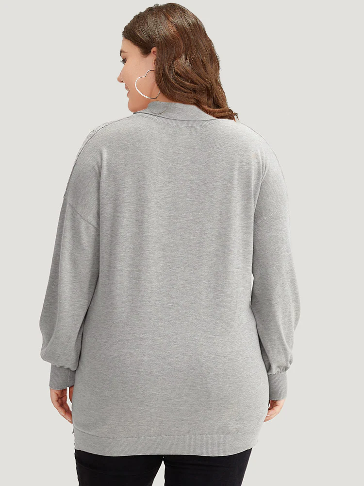 Plain Lapel Collar Plisse Zipper Pullover - Image 2