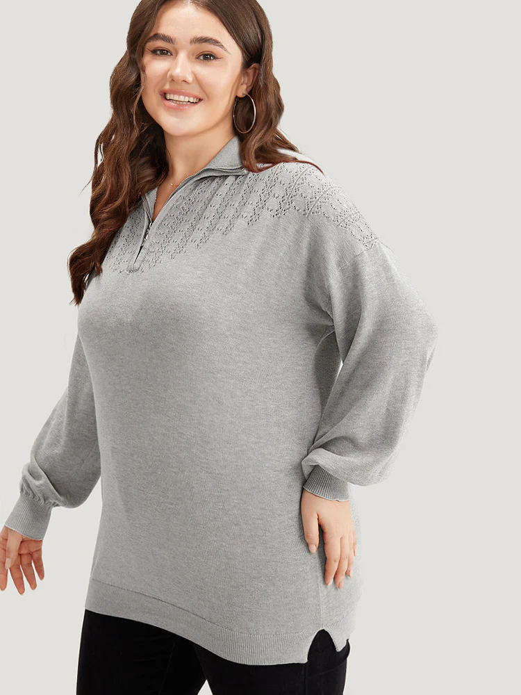 Plain Lapel Collar Plisse Zipper Pullover - Image 3