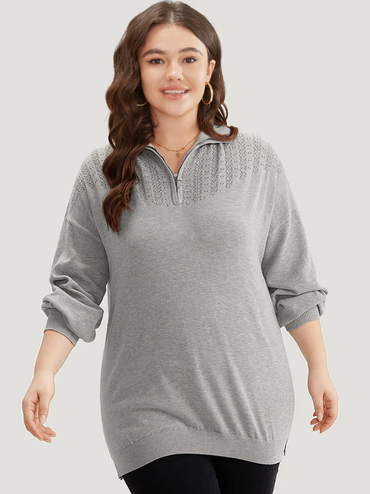 Plain Lapel Collar Plisse Zipper Pullover - Image 4
