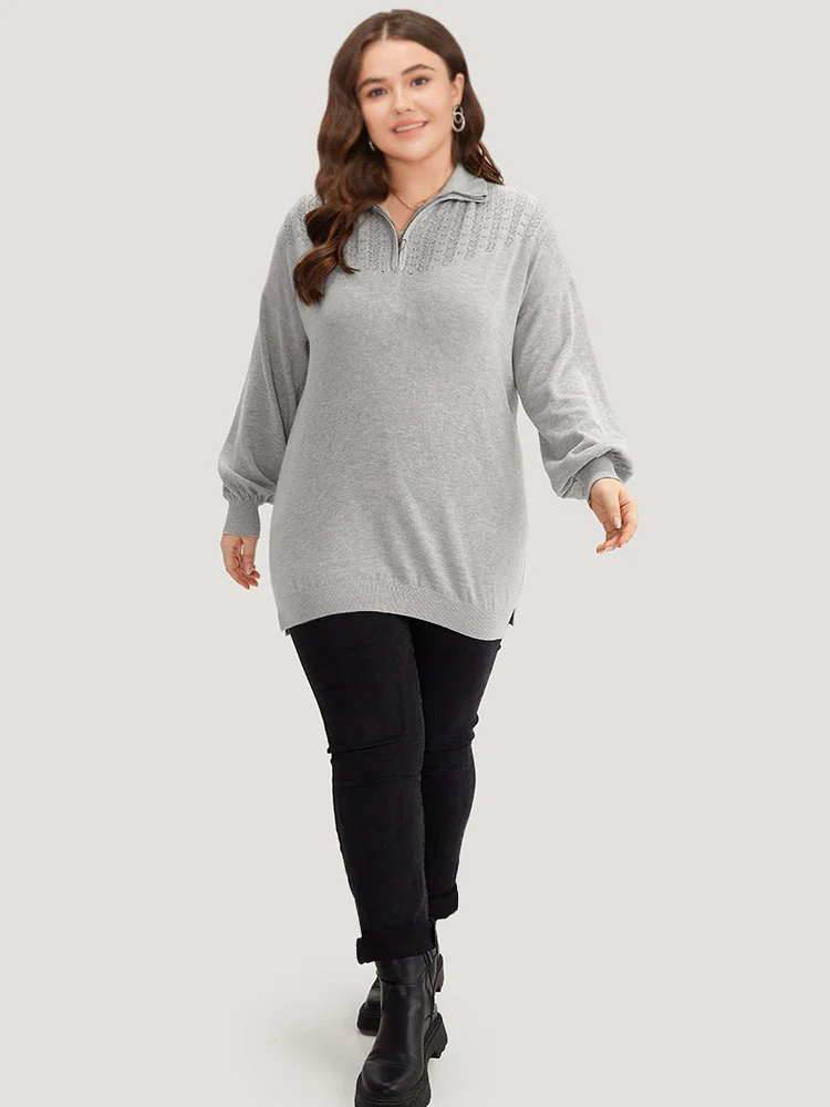 Plain Lapel Collar Plisse Zipper Pullover - Image 5