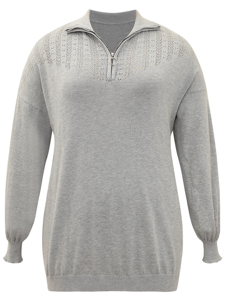 Plain Lapel Collar Plisse Zipper Pullover - Image 8