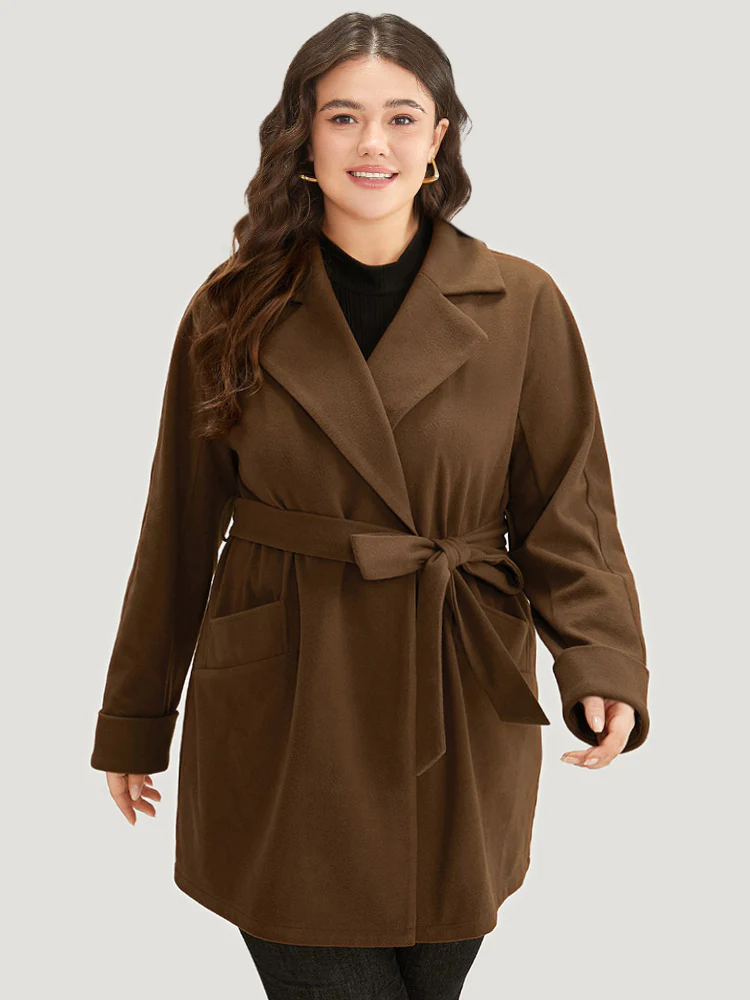 Plain Lapel Collar Pocket Belted Coat